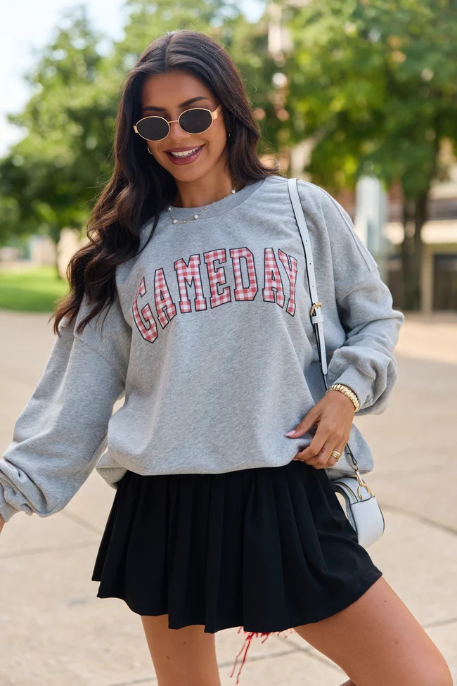 Gameday Red Gingham Light Grey Graphic Sweatshirt | Pink Lily
