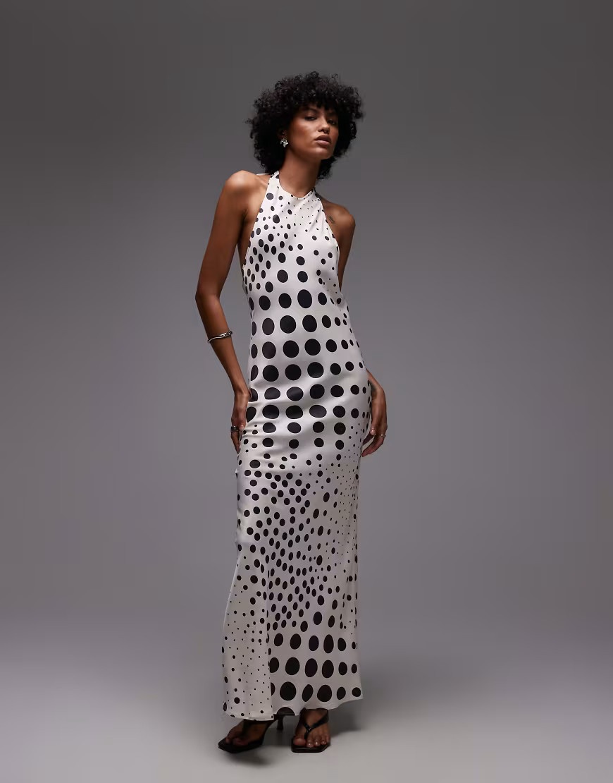 Topshop halter neck maxi dress in scatter ecru polka dots-White | ASOS (Global)