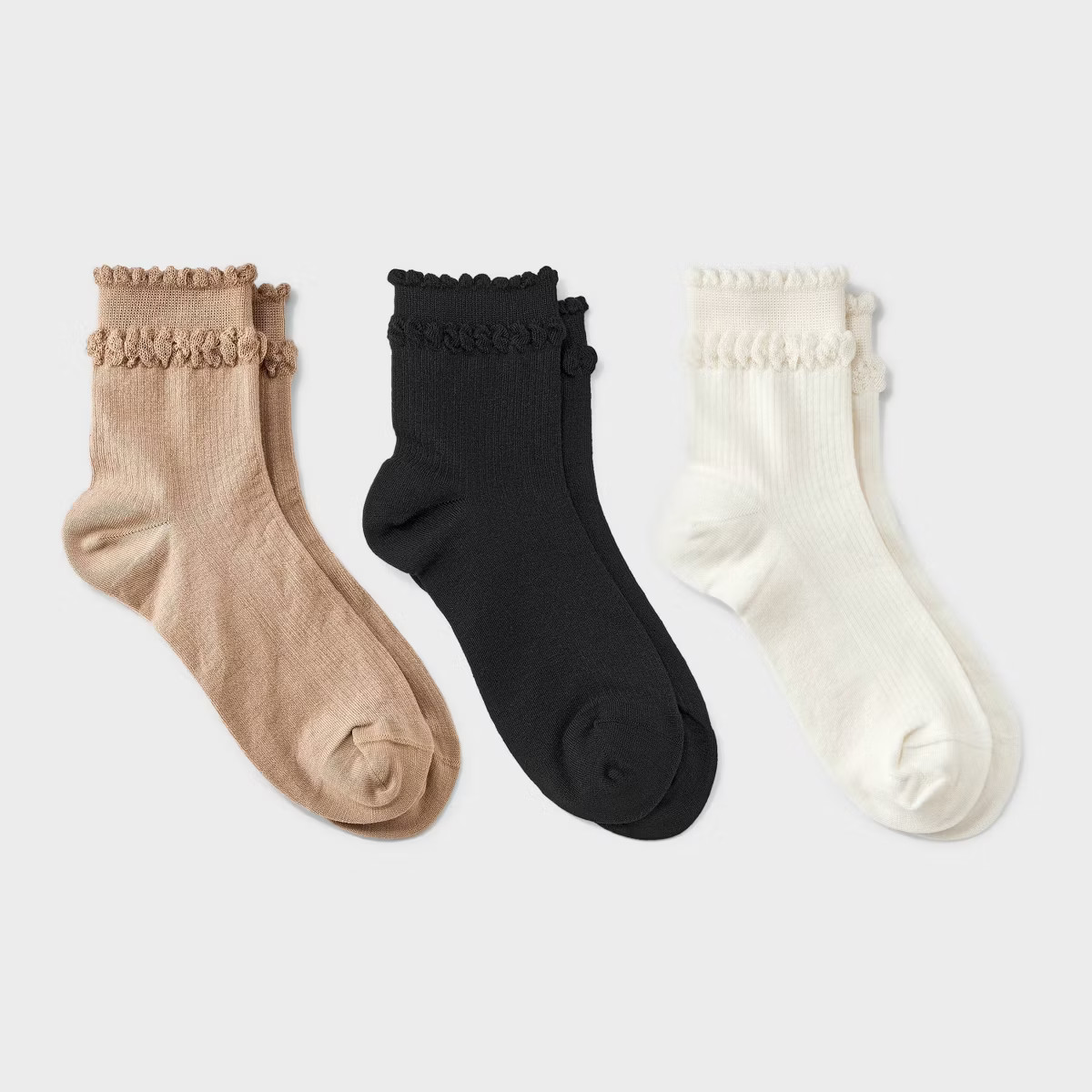 Women's Double Scalloped Edge 3pk Ankle Socks - A New Day™ Ivory/Tan/Black 4-10 | Target