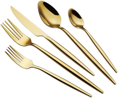 20 Piece Luxury Silverware Set for 4 Gold Mirror-Polished 18/10 Stainless Steel Heavy Flatware Se... | Amazon (US)
