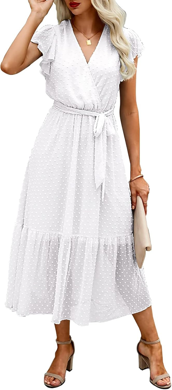 BTFBM Women Summer Bohemian Floral Casual Wrap V Neck Ruffle Cap Sleeveless Belt A-Line Pleated Hem  | Amazon (US)
