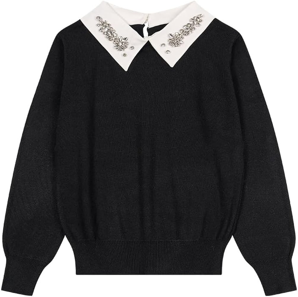 Chic Sweater with Rhinestone Embellished Collar – Stylish Contrast Neckline, Soft Knit Pullover... | Amazon (US)