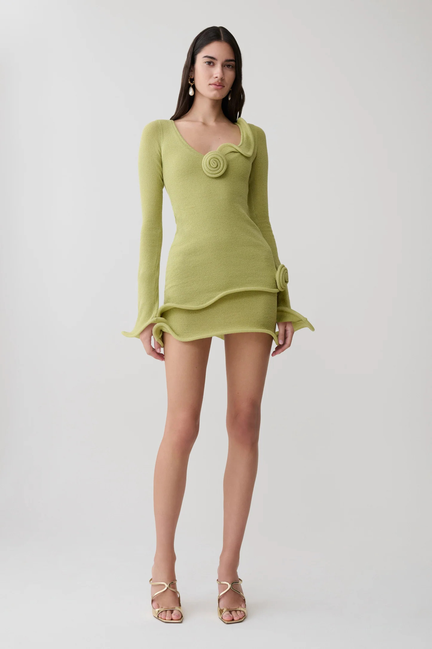 Samira Knit Long Sleeve Mini Dress - Light Olive | MESHKI US