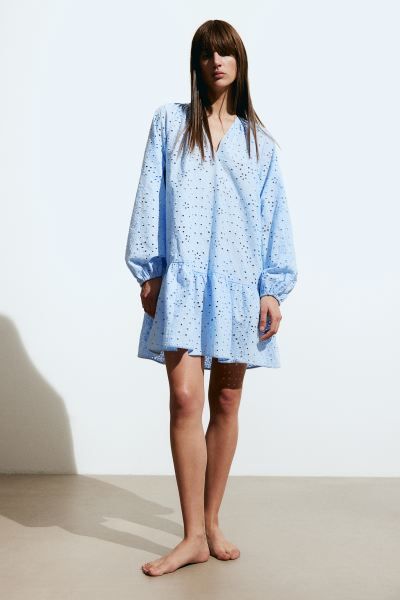 Tunic Dress with Eyelet Embroidery - Light blue - Ladies | H&M US | H&M (US + CA)