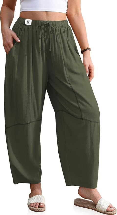 TARSE Women's Linen Harem Pants Baggy Drawstring Waist Casual Contrast Stitching Wide Leg Barrel ... | Amazon (US)