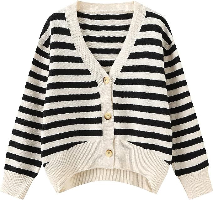 Women Striped Sweater Lightweight Knitted Cropped Cardigan Jacket Y2k V-Neck Button Down Loose Op... | Amazon (US)