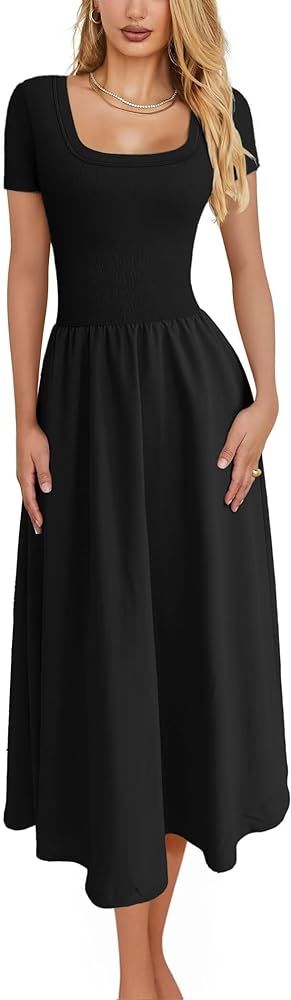 SANDERY Maxi Dress for Women Square Neck Short Sleeve Ribbed Slim Casual Flowy Swing Beach Dresse... | Amazon (US)