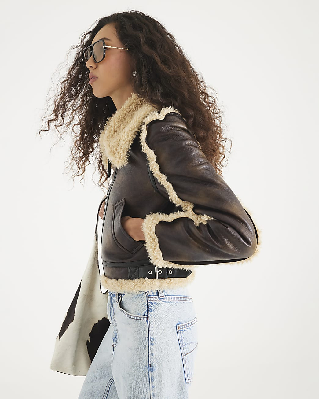 Brown Faux Shearling Seam Aviator Jacket | River Island UK & IE