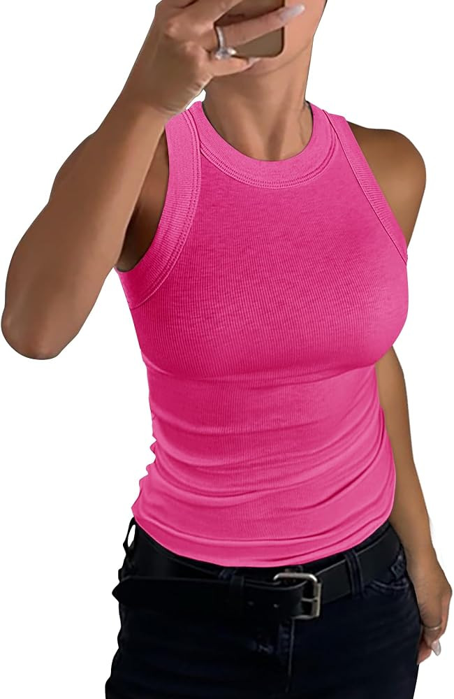 GEMBERA Womens Sleeveless Racerback High Neck Casual Basic Cotton Ribbed Fitted Tank Top | Amazon (US)