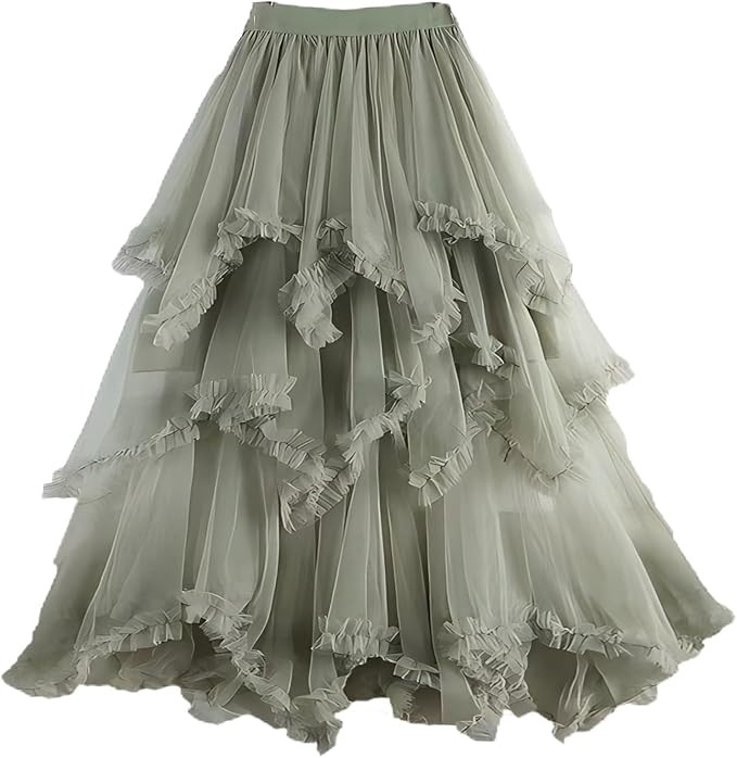 Tulle Skirts for Women A Line Sweet Elastic High Waisted Long Layered Tutu Mesh Ruffles Tiered Fl... | Amazon (US)