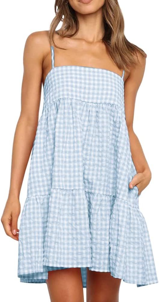 LPCBDEE Womens Plaid A-line Dresses Shoulder Straps Ruffle Hem Casual Mini Dress with Side Pocket | Amazon (US)