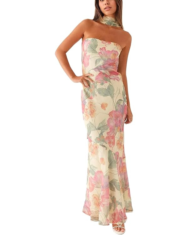 MISSACTIVER Women Floral Strapless Tube Maxi Dress with Scarf Backless Long Bodycon Dresses Y2k S... | Amazon (US)
