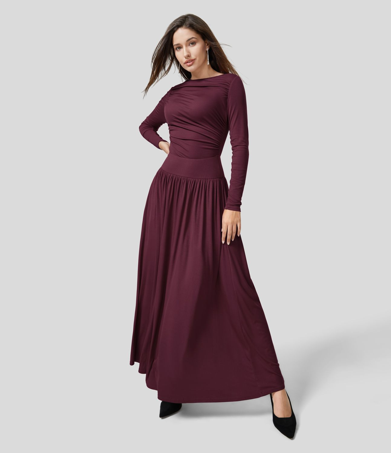 Women’s Ribbed Boat Neck Long Sleeve Ruched Side Pocket Flowy Maxi Casual Dress - Halara | HALARA
