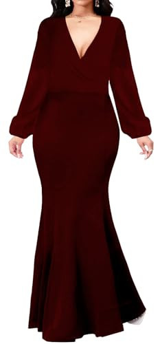 Women Bodycon Evening Dress Long Maxi Burgundy Dresses Bodycon Long Sleeve Sexy V Neck Floor Length Party Mermaid Dress | Amazon (US)