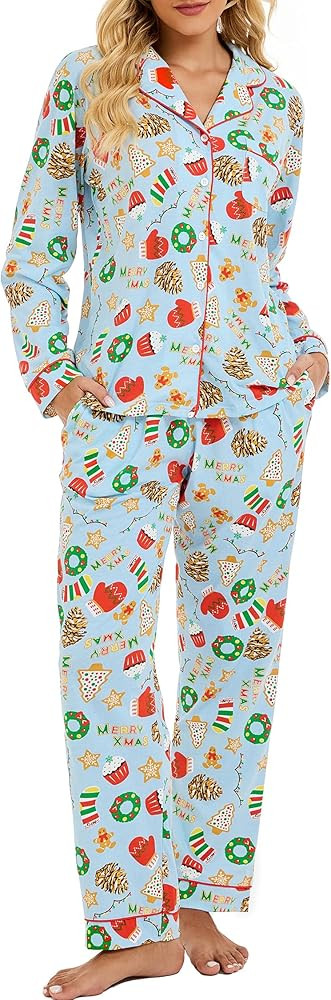 LUBOT Christmas Pajamas 100% Cotton Womens Pajamas Set 2 Piece Soft Button-Down Xmas PJs Set Slee... | Amazon (US)
