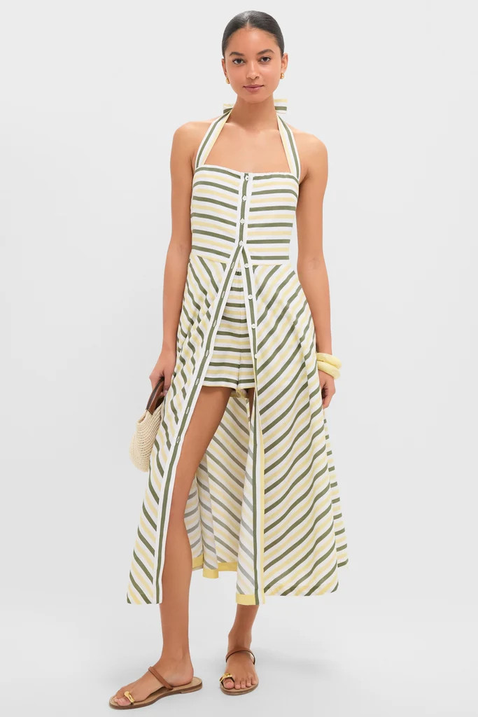 Green and Yellow Stripe Halter Button Down Mirabel Dress and Short Set | Tuckernuck (US)