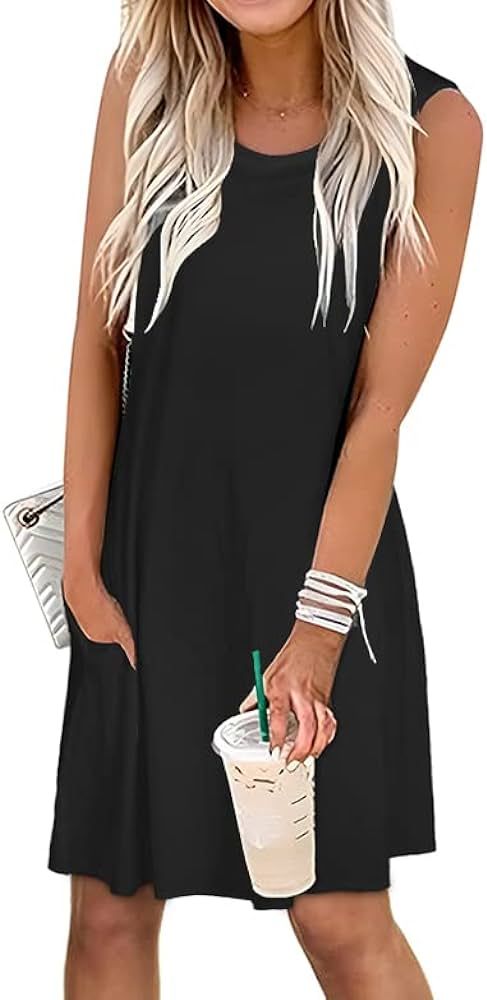 Summer Dresses for Women Beach Boho Sleeveless Vintage Floral Flowy Pocket Tshirt Tank Sundresses | Amazon (US)