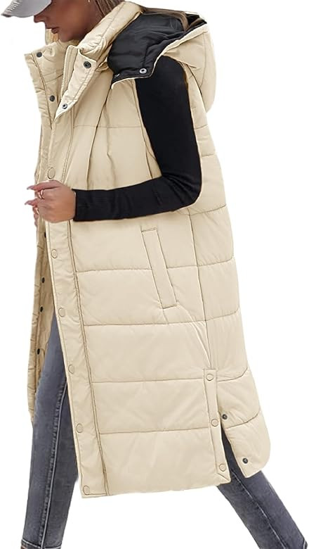 Long Puffer Vest Women With Hood Sleeveless Down Vest Warm Jacket Winter Coat With Pockets | Amazon (US)