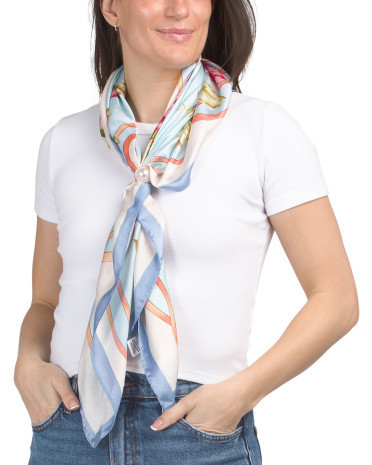 Floral Satin Square Scarf With Faux Pearl Scarf Ring for Women | Polyester | Marshalls