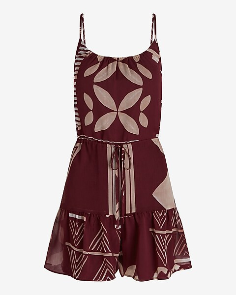 Printed Scoop Neck Tie Waist Romper | Express