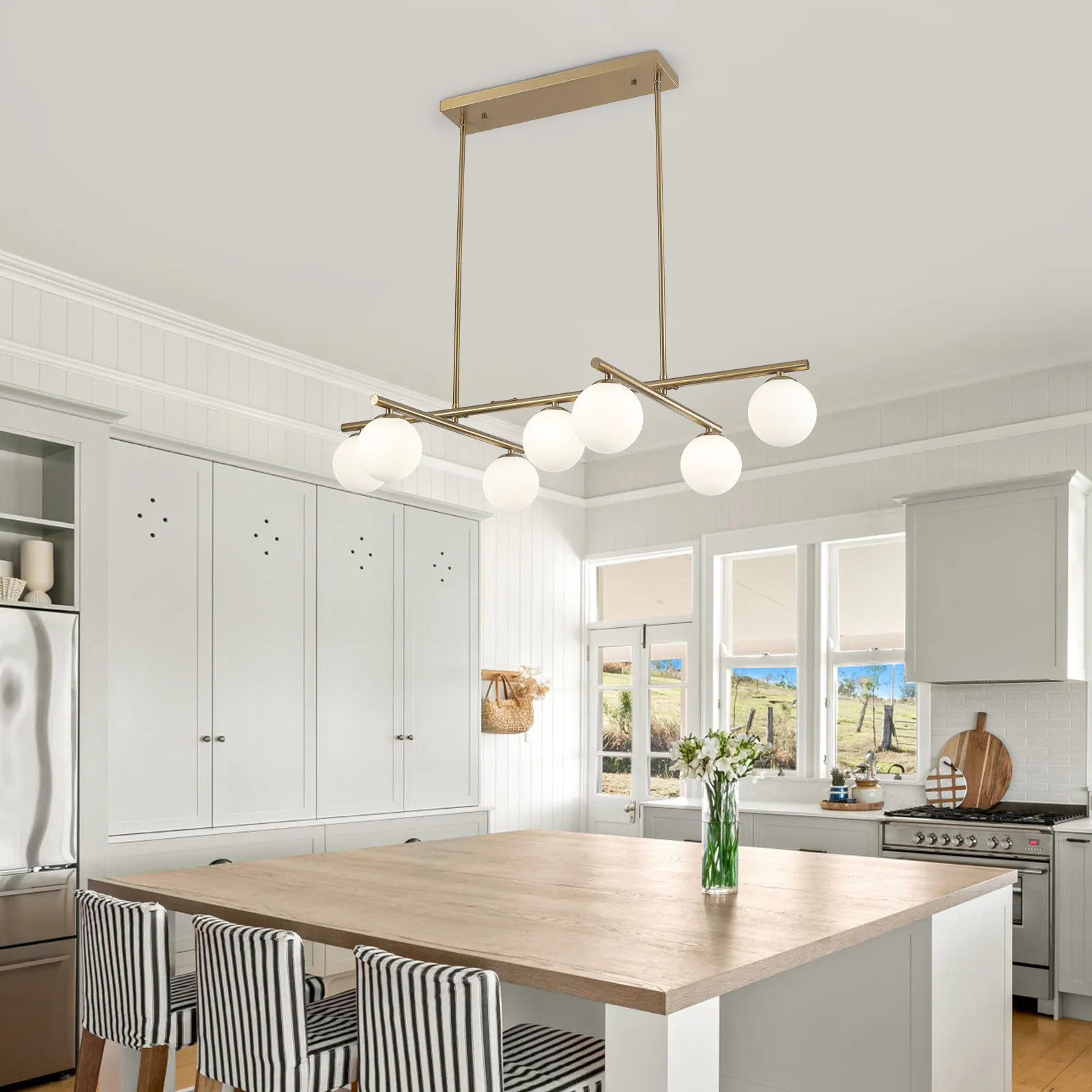 GZJunYo 7 -Light Gold Modern/contemporary Opal glass Glass Linear Large Indoor Hanging Kitchen Island Light | G-100 | Lowe's