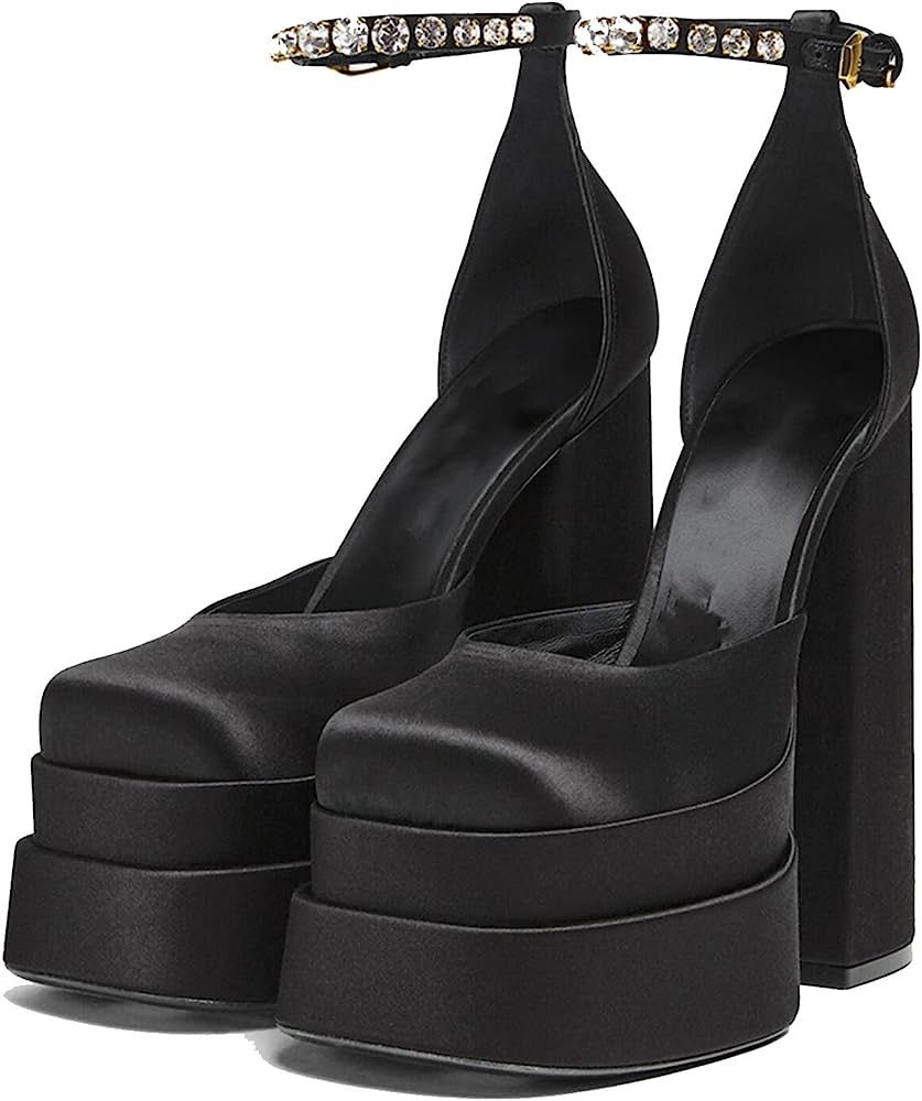 Amazon.com | VOMIRA Womens Satin Platform Heels Square Toe Chunky High Block Heels Pumps Rhinesto... | Amazon (US)