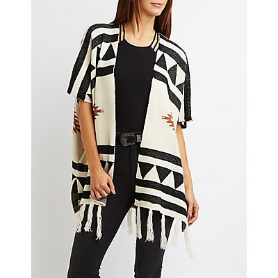 Geometric Fringed Poncho Cardigan | Charlotte Russe