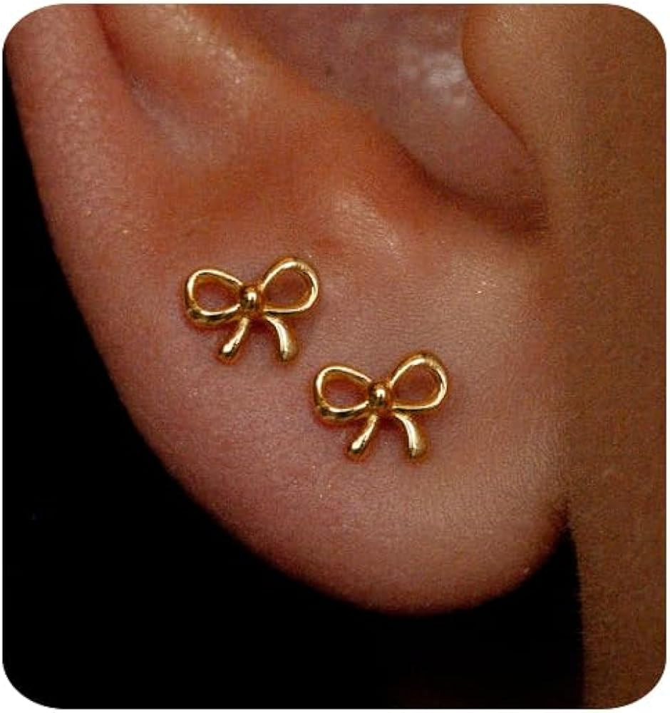 Gold Earrings for Women 14K Gold Stud Earring Dainty Minimalist Simple Small Bow Earrings Jewelry... | Amazon (US)