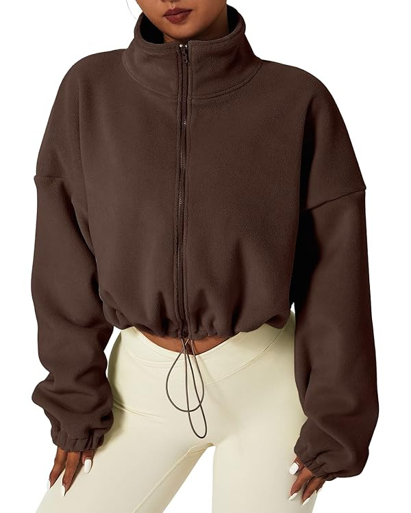 QINSEN Women's Full Zip Fleece Short Jacket Warm Winter Long Sleeve Stand Collar Sherpa Crop Coat | Amazon (US)
