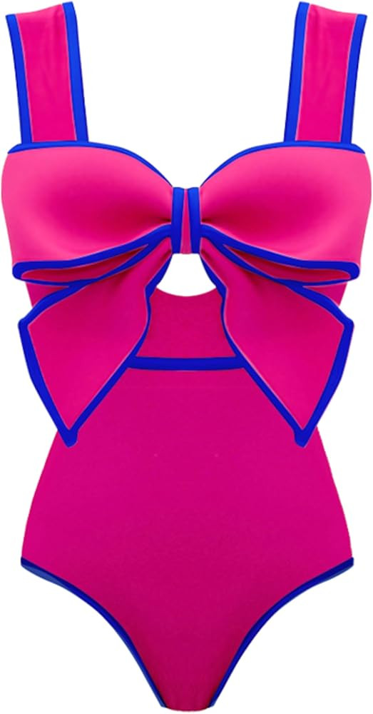 FLAXMAKER Women's Bow Color Block Pink One Piece Swimsuit and Skirt Set (Small, Only Swimsuit) at... | Amazon (US)