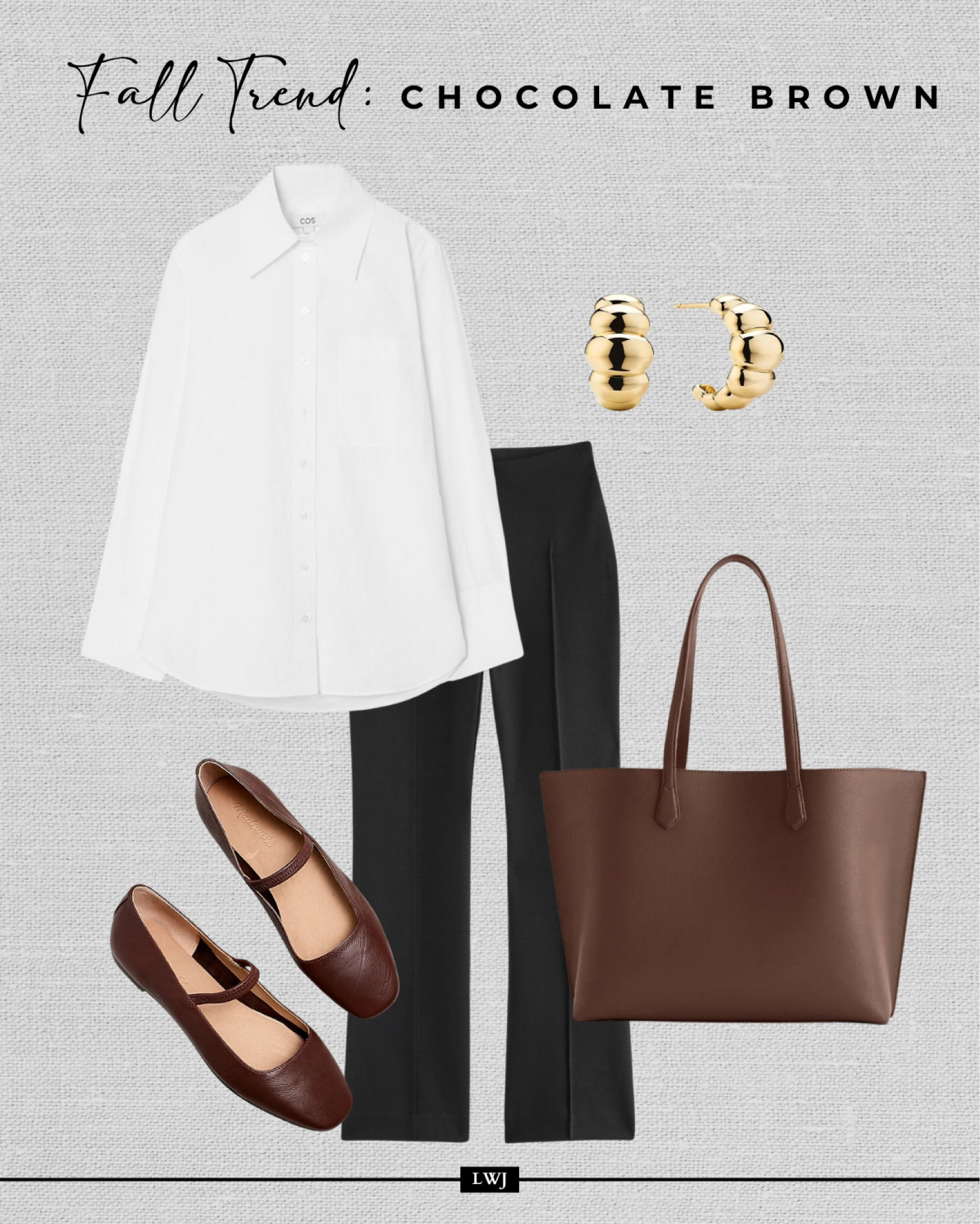 Fall trend: styling chocolate brown fall outfit 

White button up / work pants / ankle pants / Greta ballet flats / quince leather tote / workwear / classic style 

#LTKSeasonal #LTKStyleTip #LTKWorkwear