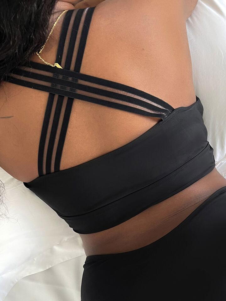 SHEIN Swim Curve Plus Crisscross Back Mesh Insert Bikini Top | SHEIN