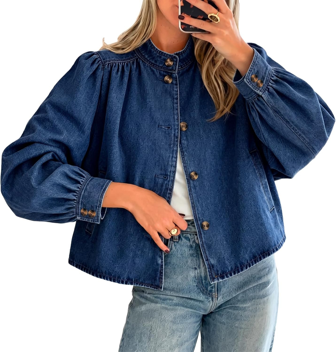 Womens Puff Long Sleeve Jean Jacket Casual Stand Collar Button Down Denim Jackets Loose Fit Tops | Amazon (US)