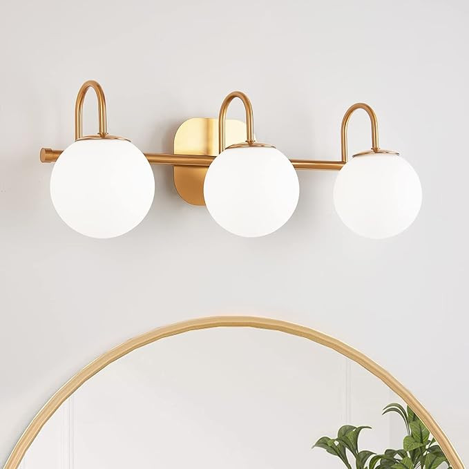 Modern Bathroom Vanity Light Fixtures 3 Lights Brushed Brass Frame and Milk White Glass Globe Sha... | Amazon (US)