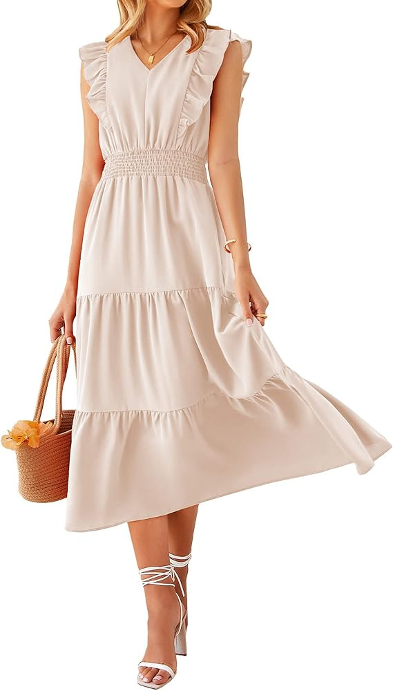 BTFBM Women's Ruffle Trim Sleeveless V Neck Maxi Long Dress Elastic Waist Pleated Swing Aline Ele... | Amazon (US)