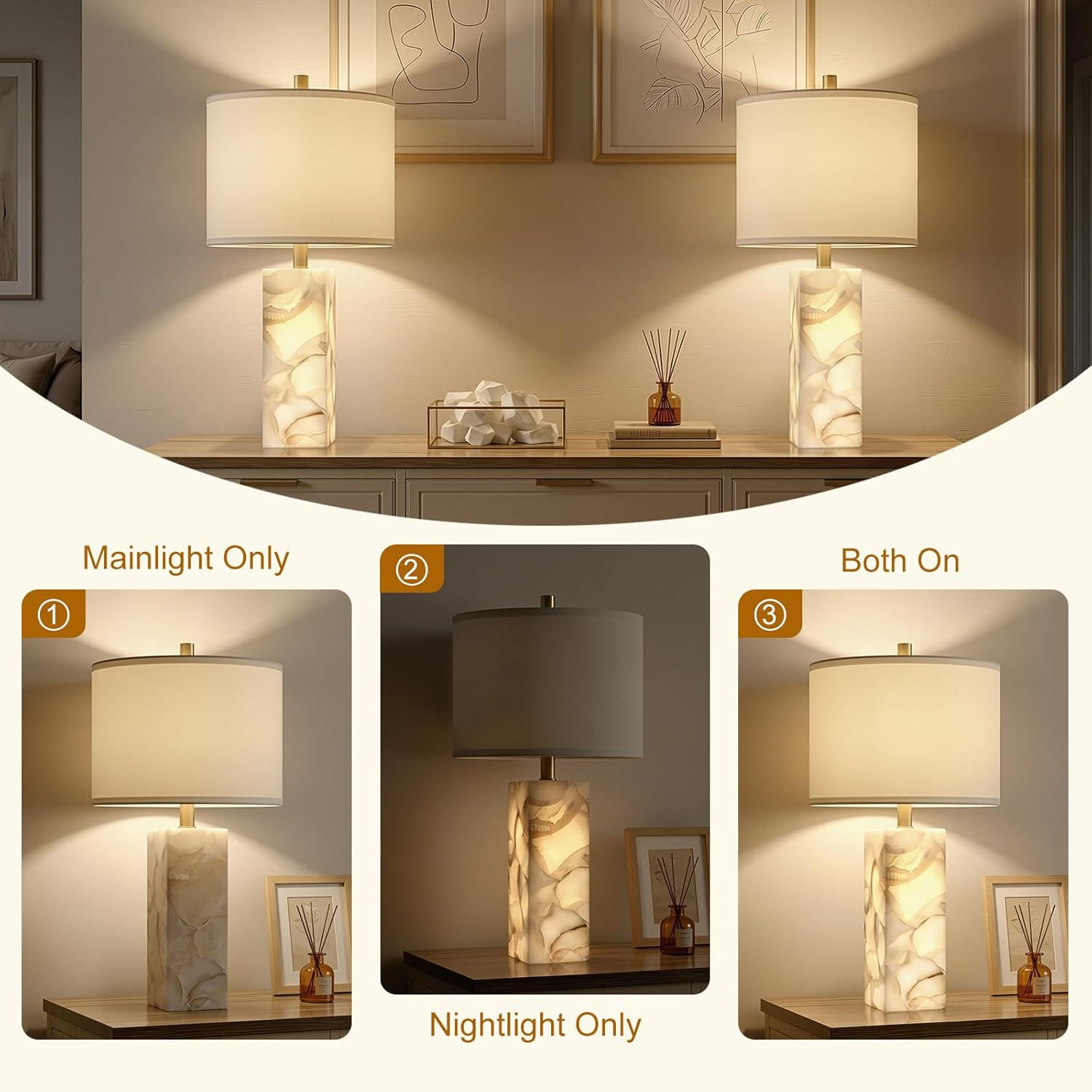 Scenekoy Alabaster Table Lamp Set of 2 with Night Light for Bedroom Living Room, 23" Rotary Switc... | Amazon (US)
