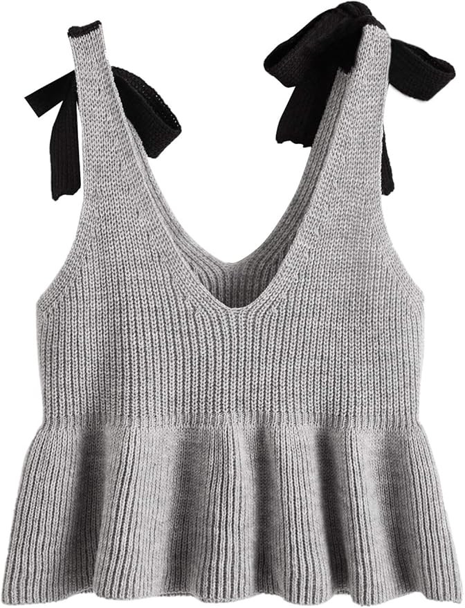 SweatyRocks Women's Casual Knit Top Sleeveless Ruffle Hem V Neck Peplum Crop Tank Top | Amazon (CA)