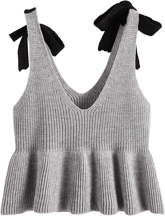 SweatyRocks Women's Casual Knit Top Sleeveless Ruffle Hem V Neck Peplum Crop Tank Top | Amazon (CA)