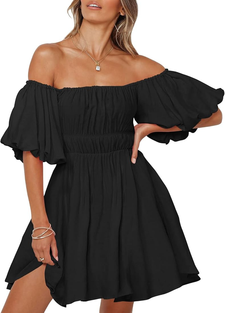 MEROKEETY Women's Puff Sleeve Off Shoulder A Line Dress Ruffle Shirred Summer Mini Dress with Pocket | Amazon (US)