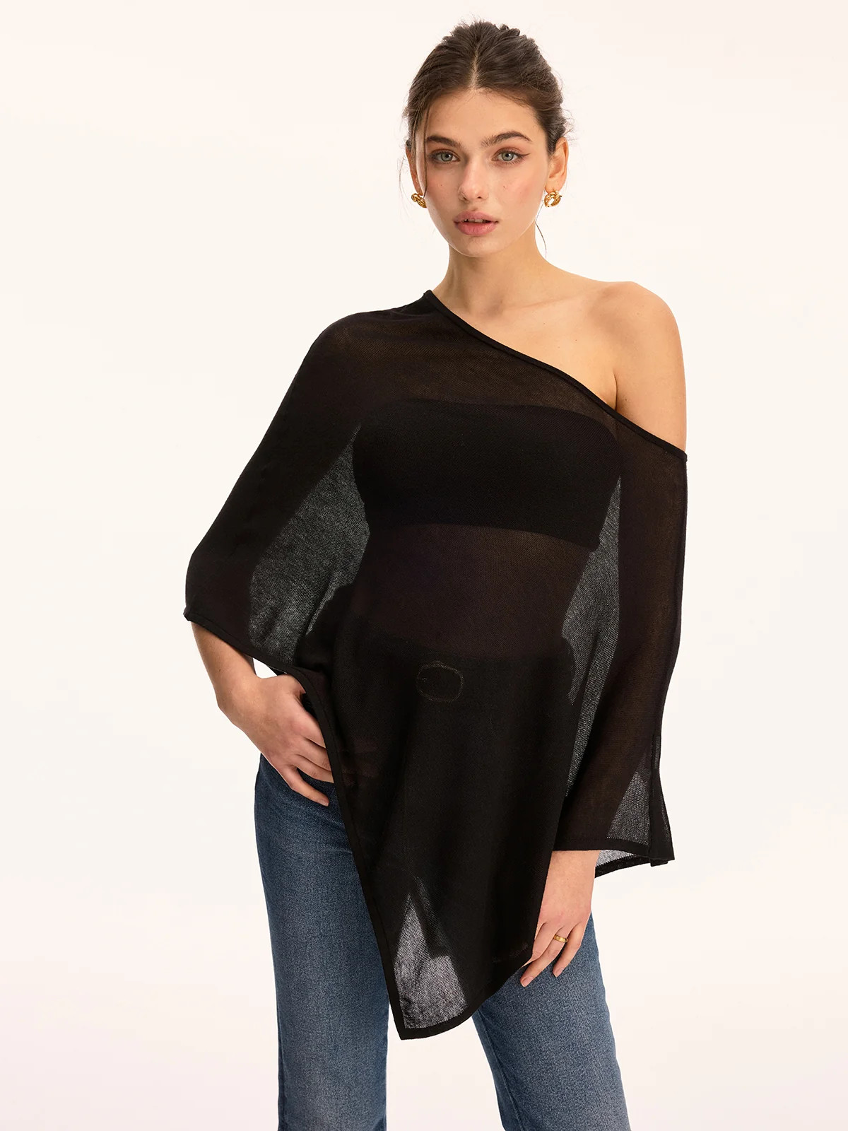 Off Shoulder Sheer Asymmetric Knit Sweater | Commense