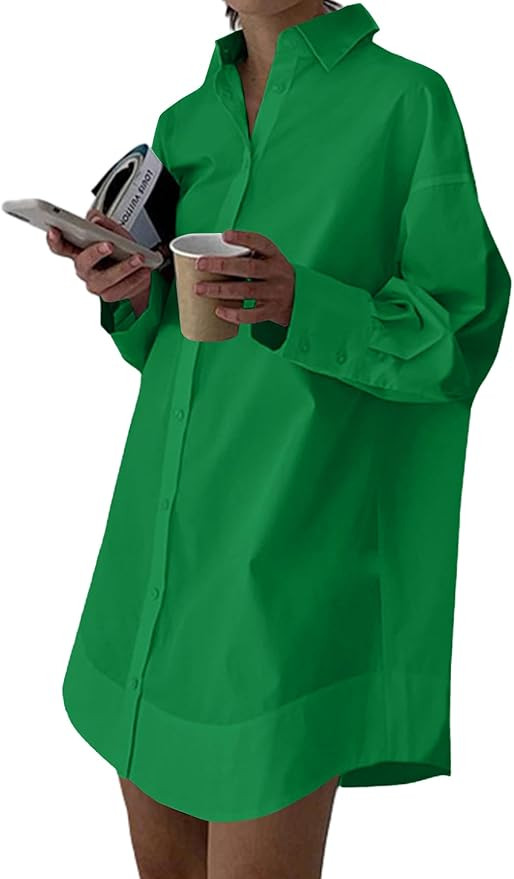LYANER Women's Casual Shirt Dress Collar V Neck Button Down Loose Long Sleeve Mini Dresses | Amazon (US)
