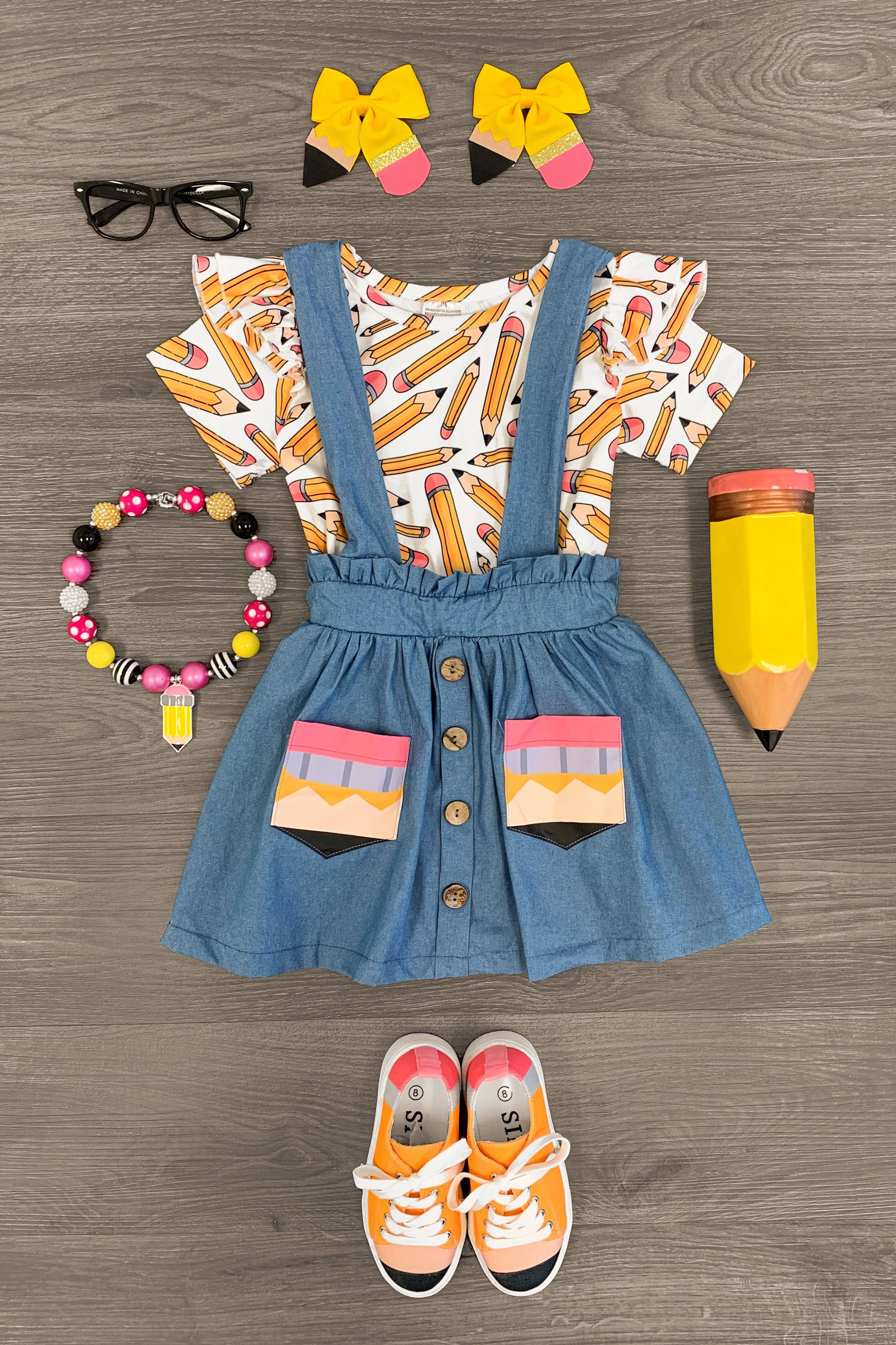 White Pencil Chambray Suspender Skirt Set | Sparkle In Pink