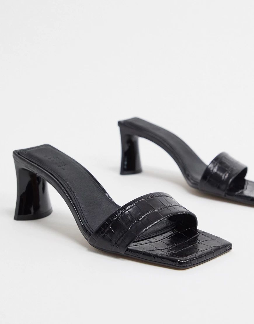 ASOS DESIGN Hasty premium leather mid-heeled mules in black croc | ASOS (Global)