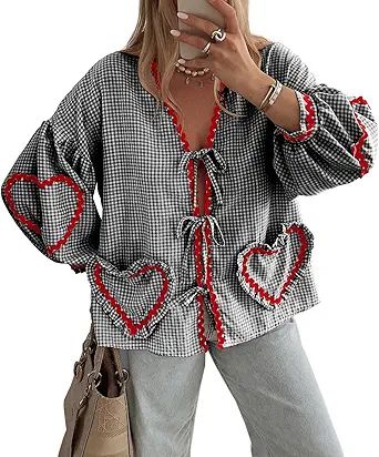 Tankaneo Womens Tie Front Tops Peplum Babydoll Going Out Gingham Puff Long Sleeve Blouse Cute Cot... | Amazon (US)