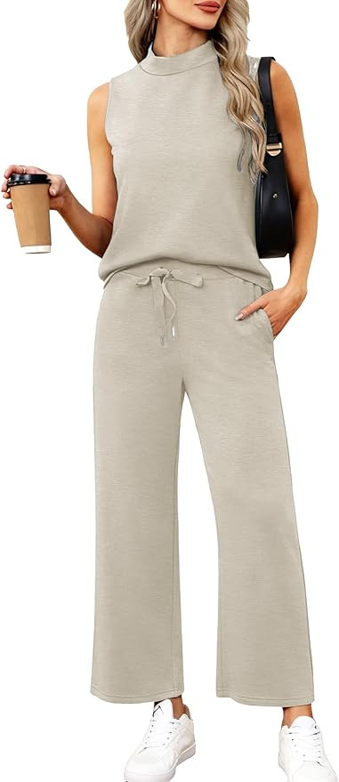 Casly Lamiit Women's Summer 2 Piece Outfits Mock Neck Tank Top Cropped Wide Leg Pants Lounge Sets... | Amazon (US)