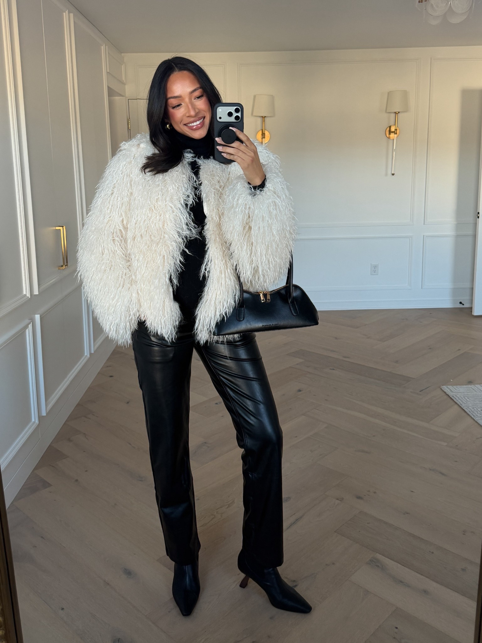 25% OFF Select Styles + an extra 25% OFF in APP with code GIFTSFORYOU!! Wearing size M black long sleeve top, size M faux fur coat and size 26 long black faux leather maternity leggings 

Holiday outfit 
Holiday party outfit 
Winter outfit 
Winter fashion 
Faux fur coat
Leather pants

#LTKSaleAlert #LTKHoliday #LTKBump