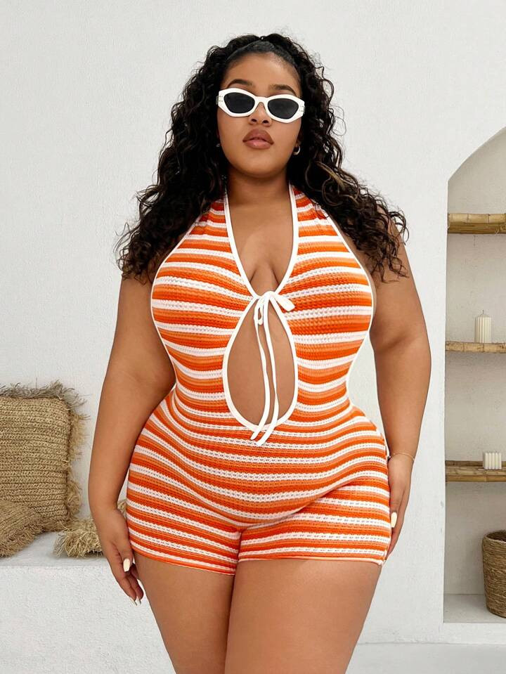 SHEIN SXY Backless Striped Halter Neck Hollow Out Bandage Romper For Beach Vacation | SHEIN