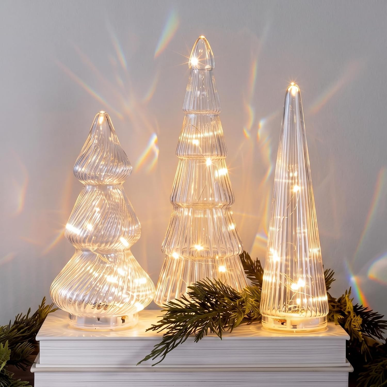 3 Pcs Glass Christmas Tree Set with Lights, Transparent | Amazon (US)