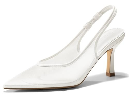 Coutgo Womens Slingback Kitten Heels Closed Pointed Toe Low Heel Mesh Pumps Sexy Dress Shoes, White, Size 9.5 | Amazon (US)