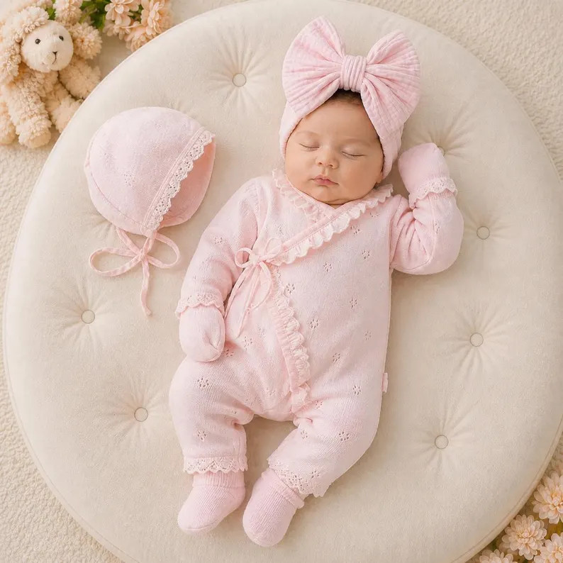Newborn Knit Romper Bonnet Mittens Socks Set, Organic Cotton Coming Home Outfit | Etsy (Global)